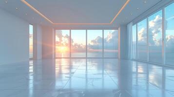 AI generated dream home concept, empty modern room with sea and dawn outside panoramic windows photo