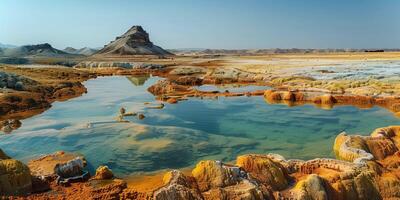 ai generado caliente mineral muelles en un volcánico zona en el Desierto foto