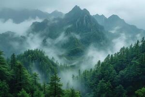 AI generated Mount Huangshan, China - in the summer, the foggy landscape photo