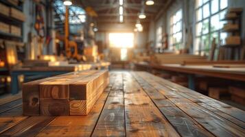 AI generated interior of carpentry workshop, blurred background photo