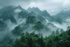 ai generado enselvado montaña paisaje con niebla en huangshan nacional parque, China foto
