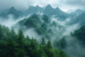 AI generated Mountain landscape with fog and pine trees in Huangshan, China photo