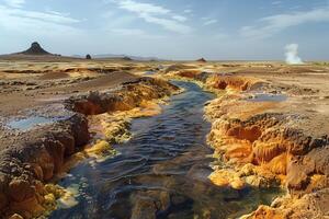 ai generado hidrotermal fluir en un volcánico zona en el Desierto foto