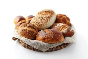 AI generated Basket with different types of bread on white background, closeup photo