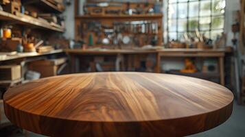 AI generated newly made round table in a carpentry workshop photo