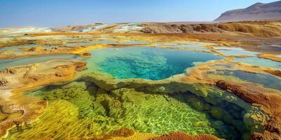 ai generado hidrotermal quinielas y caliente mineral muelles en un volcánico zona en el Desierto foto