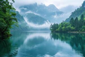 ai generado montaña paisaje con lago y bosque en brumoso mañana, China foto