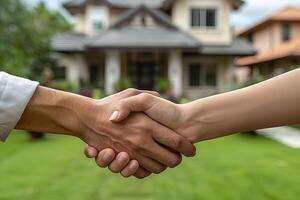 AI generated Real estate agent shaking hands with customer after signing contract for sale. photo