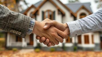 AI generated Real estate agent shaking hands with customer after signing house purchase contract photo