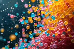 AI generated colorful microscopic particles suspended in water. microplastic pollution concept photo