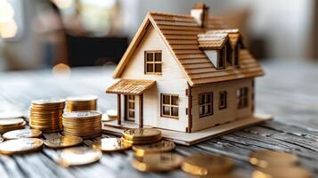 AI generated House model and coins on wooden table, real estate investment concept. photo