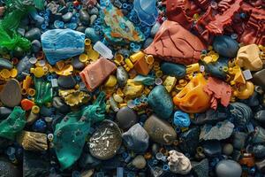 AI generated plastic garbage on the beach. Environmental pollution concept. photo