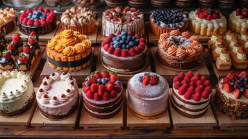 AI generated different fruit pies on a bakery counter photo