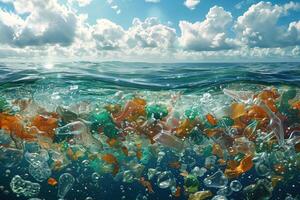 AI generated Plastic waste underwater in the ocean. Environmental pollution. photo