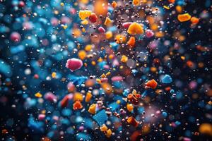 AI generated colorful microplastic particles suspended in water, environmental pollution concept photo