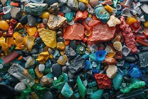 ai generado basura en el playa. ambiental contaminación concepto. foto