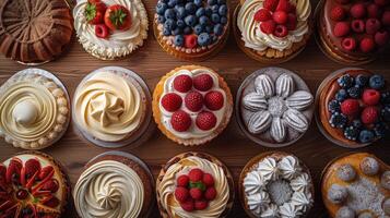 AI generated different fruit cakes on a wooden table, top view photo