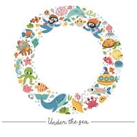 Vector under the sea round frame with divers, submarine, animals, weeds. Ocean wreath card template design for banners, invitations. Cute illustration with dolphin, whale