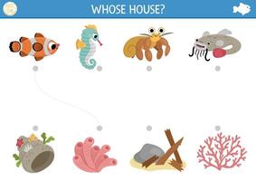 Under the sea matching activity with cute fish and houses. Water puzzle with clownfish, seahorse, hermit crab, catfish. Match the objects game. Printable worksheet. Ocean match up page vector