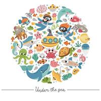 Vector under the sea round frame with divers, submarine, animals, weeds. Ocean card template design for banners, invitations. Cute illustration with dolphin, whale, tortoise, octopus