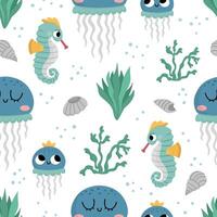 Vector under the sea seamless pattern. Repeat background with jellyfish and its baby. Ocean life digital paper. Funny water animals and weeds illustration with jelly fish, and seahorse