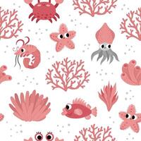 Vector under the sea seamless pattern. Repeat background with crab, starfish, squid, corals. Ocean life digital paper. Funny water animals and weeds illustration in pink color with cute fish