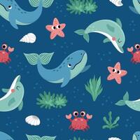 Vector under the sea seamless pattern. Repeat background with dolphin, whale, star, crab, seaweeds. Ocean life digital paper. Funny water animals and weeds illustration with cute fish