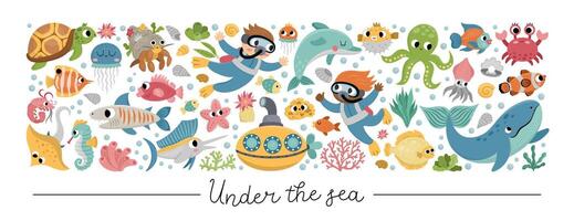 Vector under the sea horizontal set with divers, submarine, animals, weeds. Ocean card template or frame design for banners, invitations. Cute illustration with dolphin, whale, tortoise, octopus