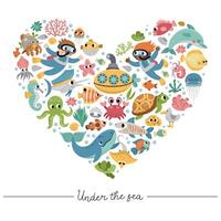 Vector under the sea heart shaped frame with divers, submarine, animals, weeds. Ocean card template design for banners, invitations. Cute illustration with dolphin, whale