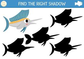 Under the sea shadow matching activity. Ocean puzzle with cute sailfish. Find correct silhouette printable worksheet or game. Water animal page for kids with sail fish vector