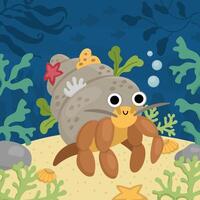 Vector under the sea landscape illustration with hermit crab. Ocean life scene with sand, seaweeds, corals, reefs. Cute square water nature background. Aquatic picture for kids