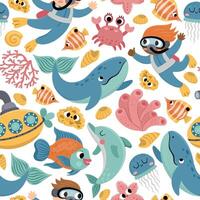 Vector under the sea seamless pattern. Repeat background with cute fish, seaweeds, divers, submarine. Ocean life digital paper. Funny water animals and weeds illustration with dolphin and whale