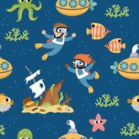 Vector under the sea seamless pattern. Repeat background with cute fish, seaweeds, divers, submarine. Ocean life digital paper. Funny water animals and weeds illustration with wracked ship