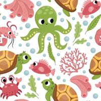 Vector under the sea seamless pattern. Repeat background with tortoise, octopus, corals, crab. Ocean life digital paper. Funny water animals and weeds illustration with cute fish