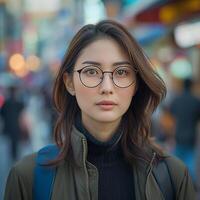 ai generado retrato de joven hermosa japonés mujer en lentes en ocupado ciudad calle foto