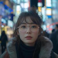 ai generado retrato de joven hermosa japonés mujer en lentes en ocupado ciudad calle foto