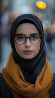 ai generado hermosa joven musulmán mujer vistiendo lentes y hijab foto