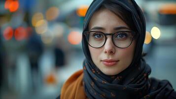 ai generado hermosa joven musulmán mujer vistiendo lentes y hijab foto