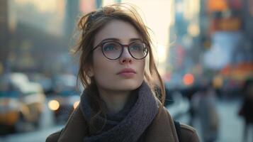 AI generated a young woman in glasses on busy city street photo