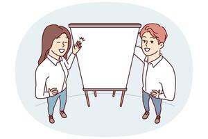 Man and woman stand near empty flipchart carry out business presentation vector