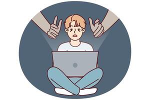 Hands reaching out to teenage boy using laptop with internet without parental control vector