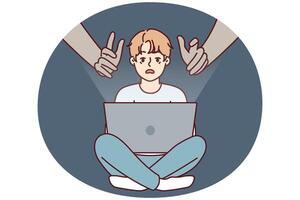 Hands reaching out to teenage boy using laptop with internet without parental control vector