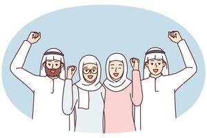 Team of people in arabic clothes make victory gestures rejoice at startup success vector