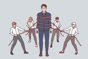 Teamwork business people with ropes, together creating strong colleague to solve corporate problems vector