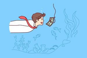 Money trap in front of business man swimming underwater with banknote on fishing rod hook vector