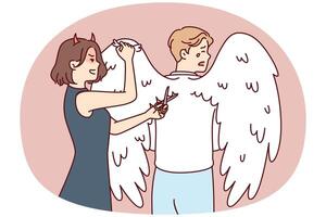 Woman with clipping wings on back of crying man to limit freedom and potential vector