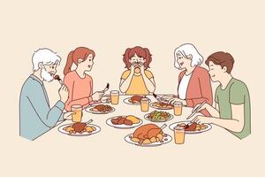 Large family has dinner together after completing religious fast, sitting around table with food vector