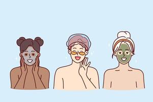 Cosmetology and SPA procedures for two women and man making rejuvenating masks from clay and cream vector