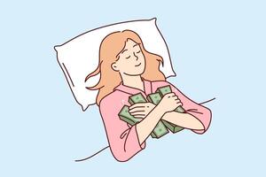 Woman sleeps hugging stacks of money, afraid to part with earned capital and put savings in bank vector