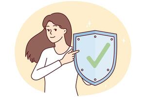 Woman with metal shield demonstrates that is web protected from viruses. Vector image